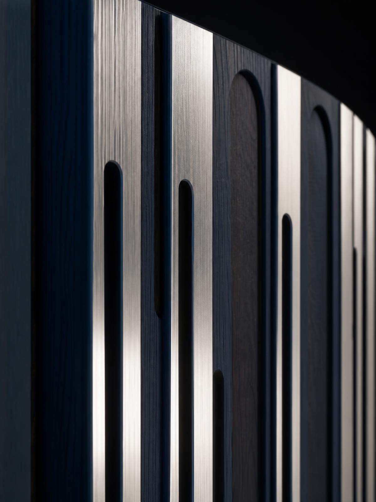 Cinemacoustic luxury acoustic panel with brushed metal and dark wood finish