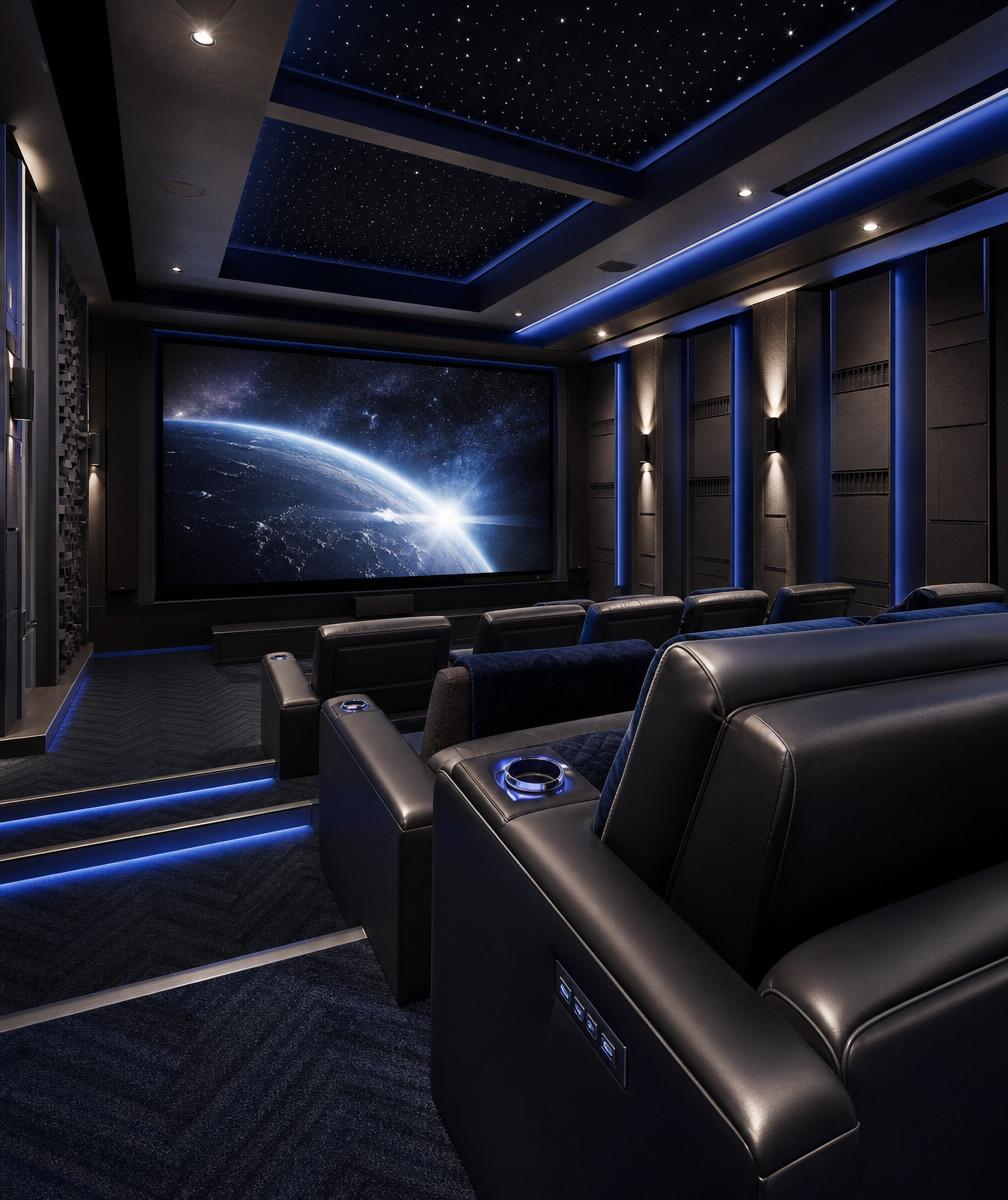 Ultra high-end private home cinema room with integrated acoustic treatment