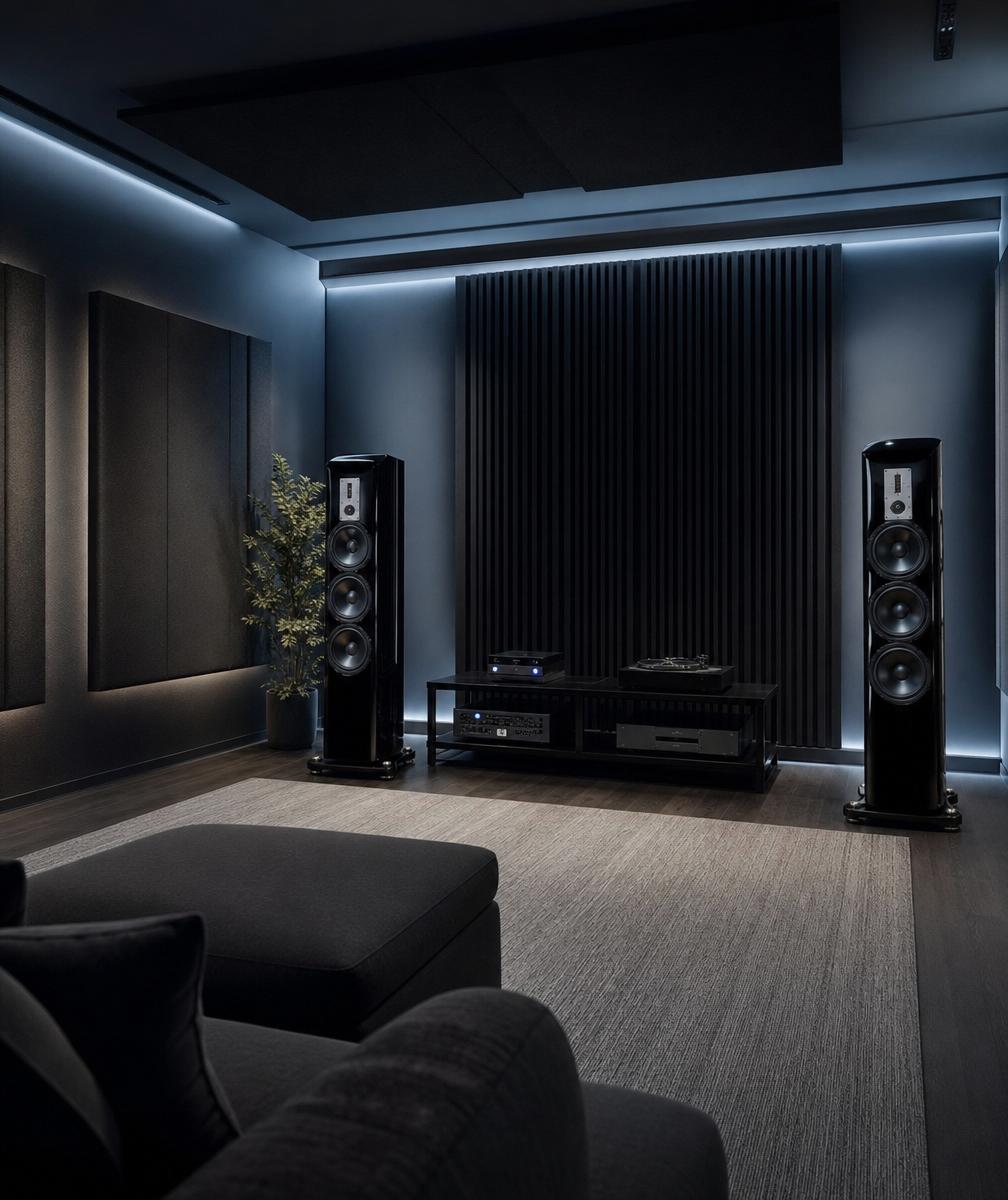 Minimalist audiophile two-channel listening room with acoustic panels